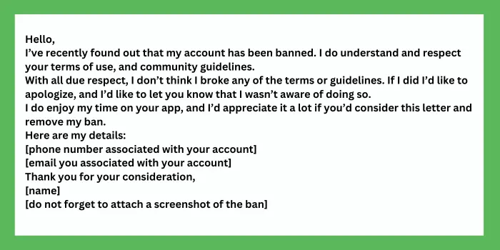 Tinder Ban appeal template